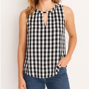 LOFT Black White Gingham Keyhole Sleeveless Top Large Petite Tie Back‎